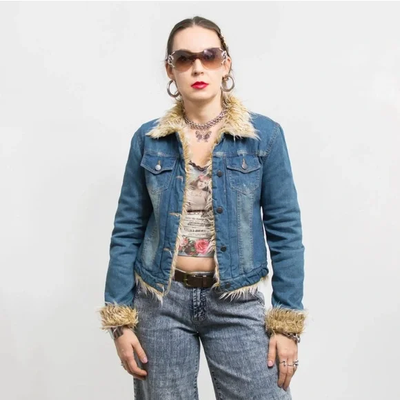 Vintage Y2K Clash Denim Jacket Faux  fur collar women size XL - Picture 9 of 9
